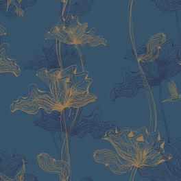 Флизелиновые широкие обои "Aura" арт.Am 8 021 из коллекции Ambient, Milassa с цветочным узором в стиле Ар-Нуво бронзового цвета на синем фоне для спальни.